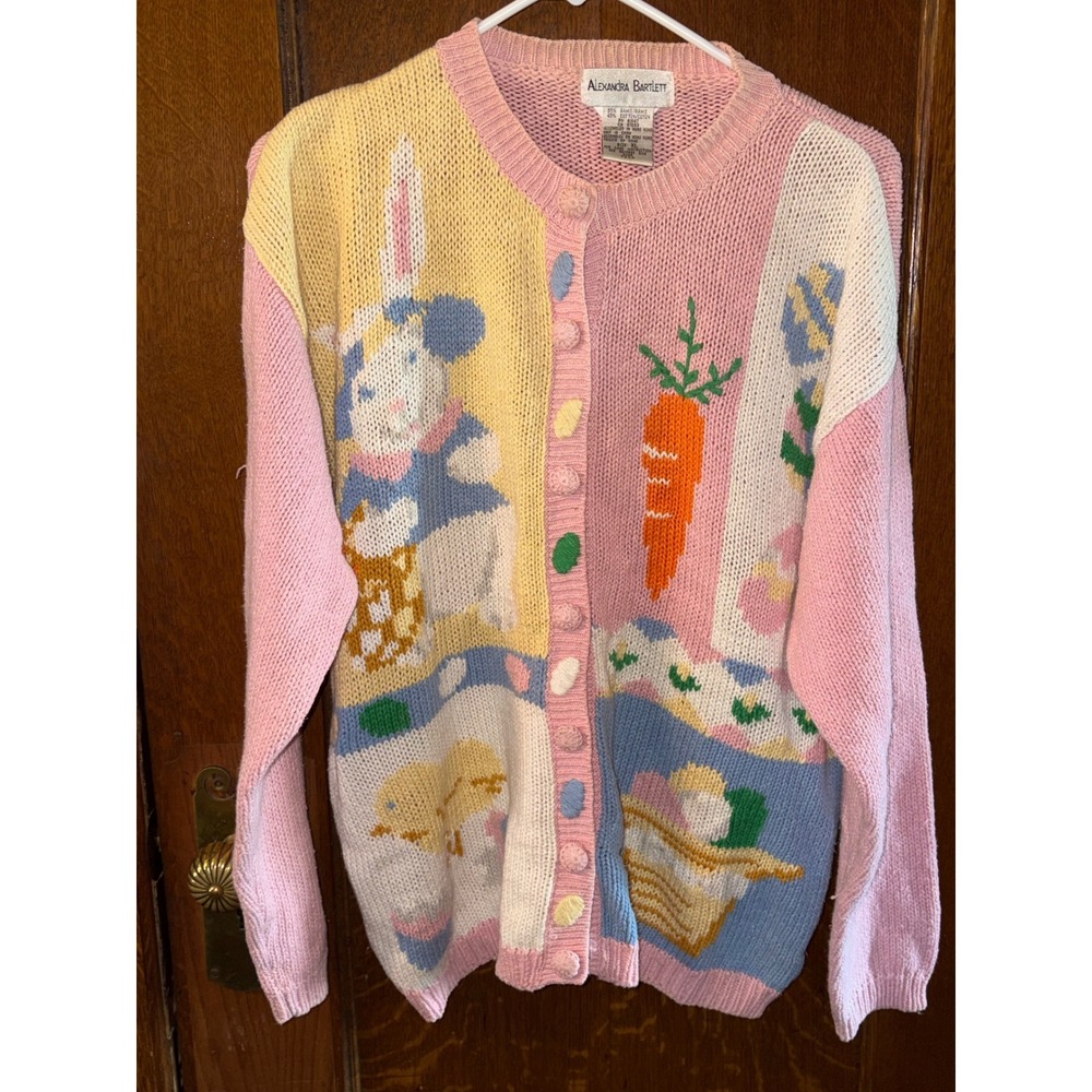 Vintage Easter Bunny Chick Cardigan Sweater Pink XL Ramie Blend Cottagecore